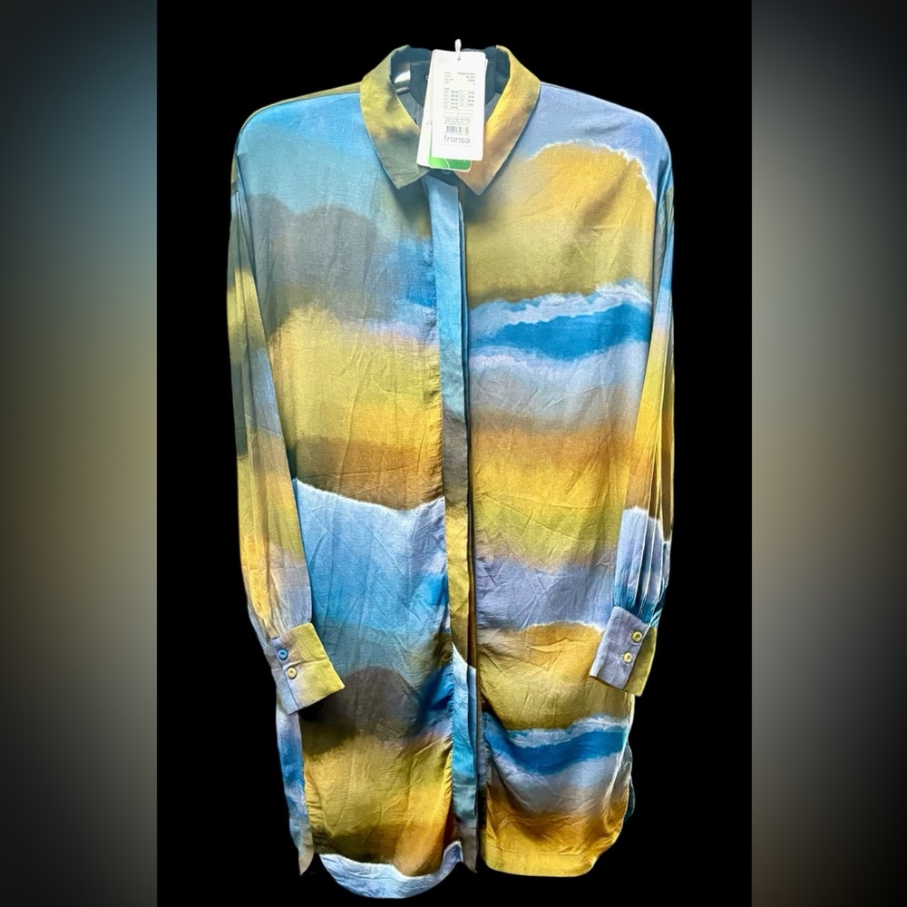 NWT Fransa Colorful Abstract Patterned Shirt Dress, Certified EU Ecolabel.